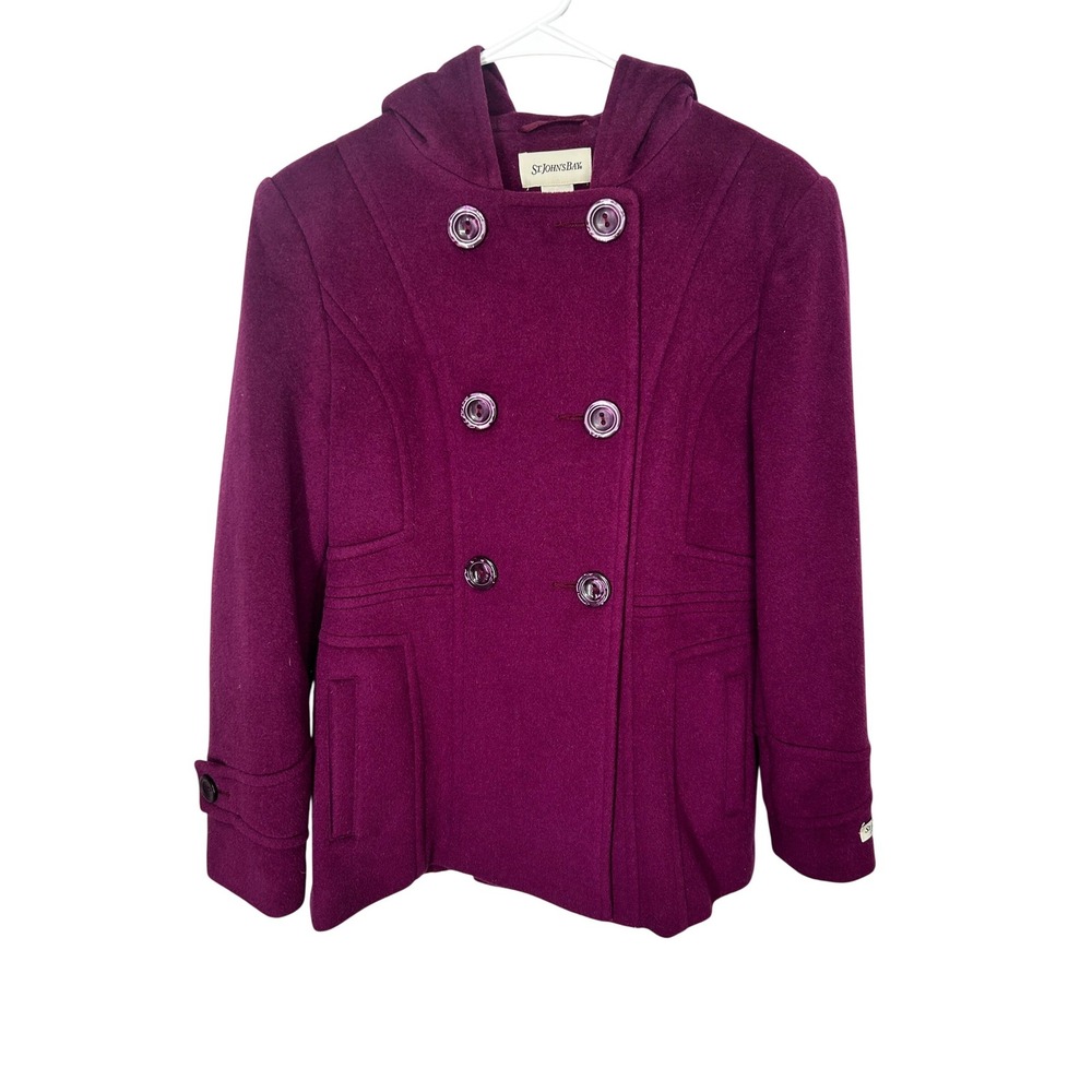 St John's Bay Cashmere Blend Hooded‎ Purple Pea Coat Extra Buttons Women's XS